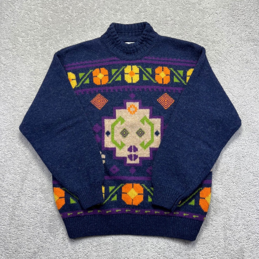 VINTAGE United Colors of Benetton Sweater Size M Shetland Wool Navy Blue Floral